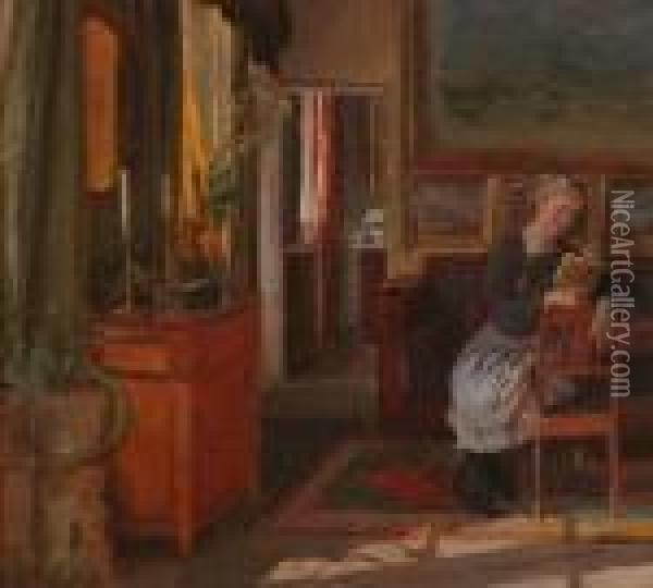 Interior With Artist's Wife Oil Painting - Viggo Christian Frederick Pedersen