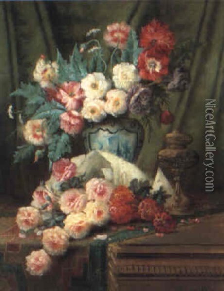 Still Life With Roses And Other Flowers On A Draped Table Oil Painting - Max Carlier