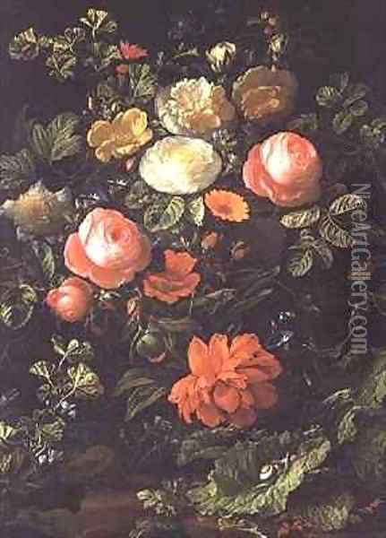 Still Life with Roses, Insects and Snails Oil Painting - Elias van den Broeck