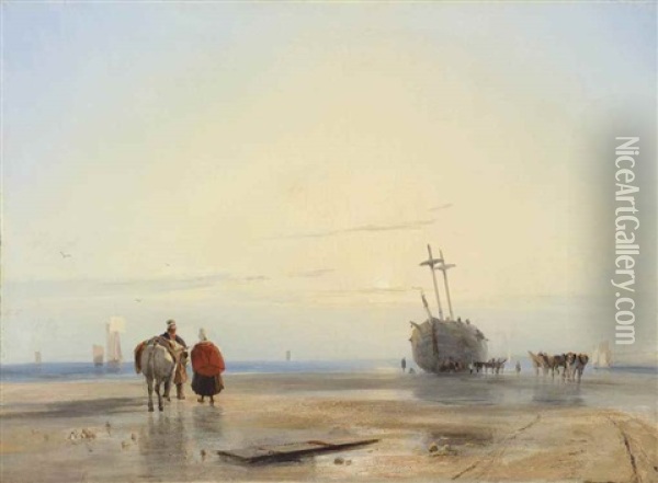 A Coastal Landscape With Fisherfolk, A Beached Boat Beyond Oil Painting - Richard Parkes Bonington