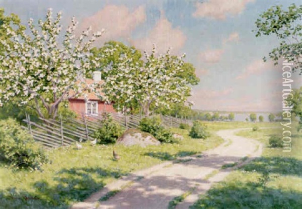 Sommarlandskap Med Pickande Hons, Blommande Appeltrad Och Rod Stuga Oil Painting - Johan Fredrik Krouthen