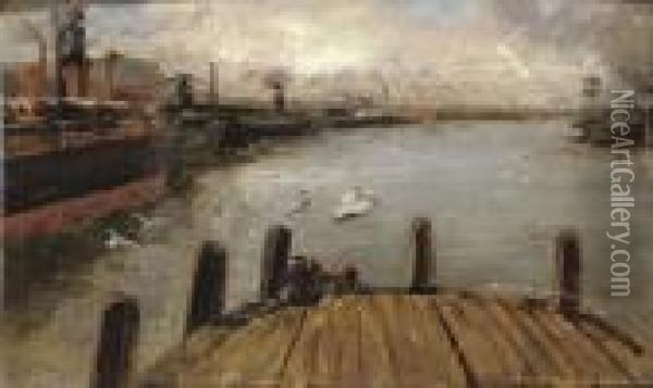 Figures On A Jetty With Ships Alongside, Belfast Harbour Oil Painting - Robert Ponsonby Staples