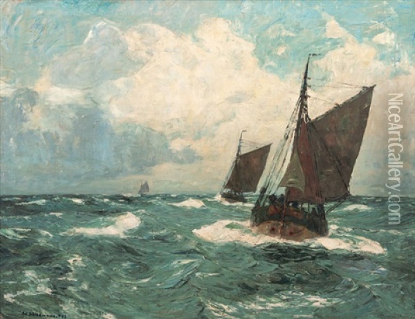 Fishing Boats In Choppy Sea Oil Painting - Eduard Schloemann