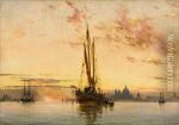 Sunset Behind Salute, With Greekbombardo Oil Painting - Edward William Cooke