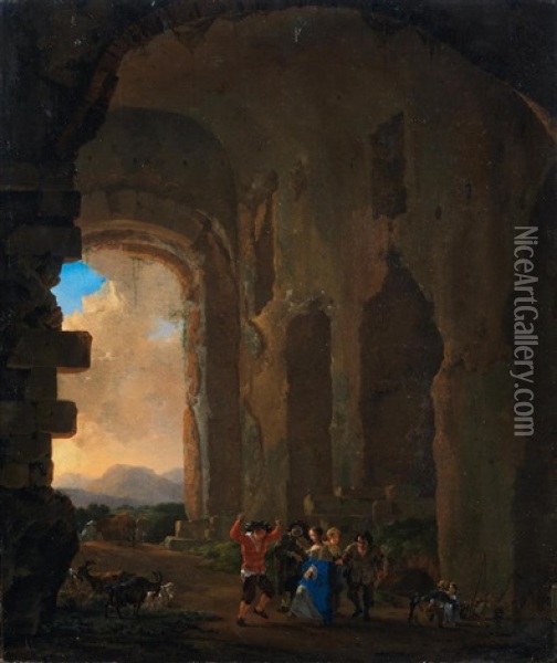 Peasants Merrymaking Among Ruins, An Italianate Landscape Beyond Oil Painting - Jan Asselijn