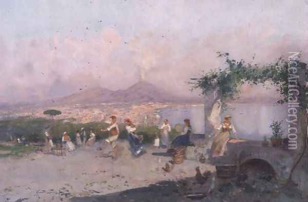 The Bay of Naples with Figures Dancing in the Foreground Oil Painting - Oscar Ricciardi