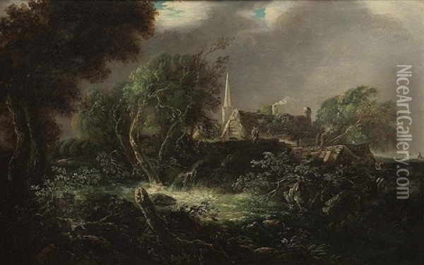 Figures At The Edge Of A River, Cottage And Church Spire Beyond Oil Painting - William Sadler the Younger