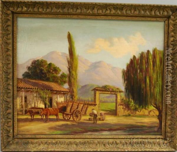 Figures Loading An Ox Cart Before A Farmhouse Gate Oil Painting - Alberto Lobos