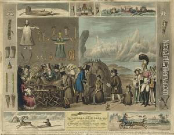 Laplanders, Reindeer &c. As 
Exhibited At The Egyptian Hall, Piccadilly. 1822.; And The Laplanders 
Return, To Their Native Country Under The Care Of Mr Bullock & His 
Son. Oil Painting - Isaac Cruikshank