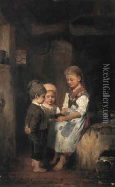 Drei Kinder Bestaunen Eine Maus In Der Mausefalle Oil Painting - Johann Ferdinand Julius Hintze