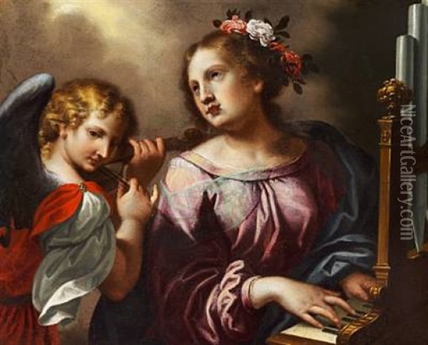 St. Cecilia And An Angel Playing Music Oil Painting - Carlo Dolci
