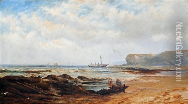Beach Scene With Figures In The Foreground Oil Painting - John Francis Bland