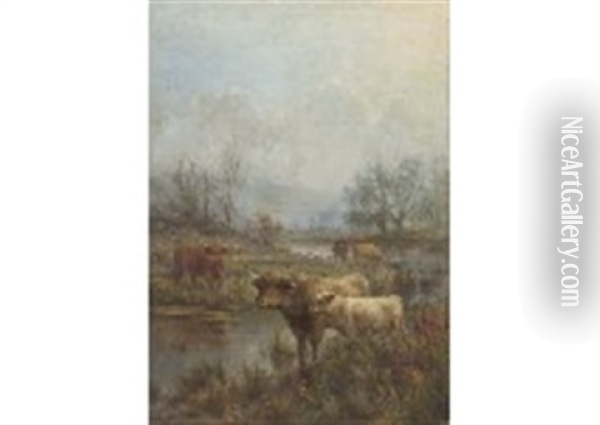 A Misty Morning, Scotch Cattle Oil Painting - Louis Bosworth Hurt