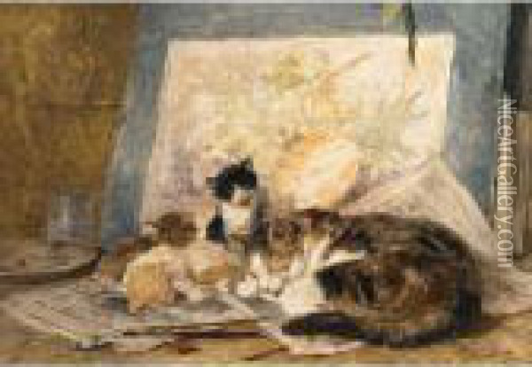 Cat And Her Kittens In The Artist's Studio Oil Painting - Henriette Ronner-Knip
