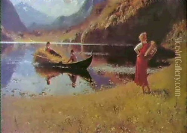 Norskt Fjordlandskap I Skordetid Oil Painting - Hans Dahl
