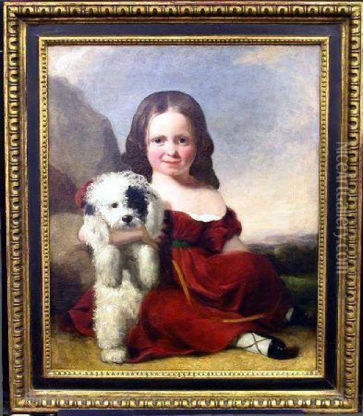 Girl In Red Dress With A Dog Oil Painting - Thomas Sully