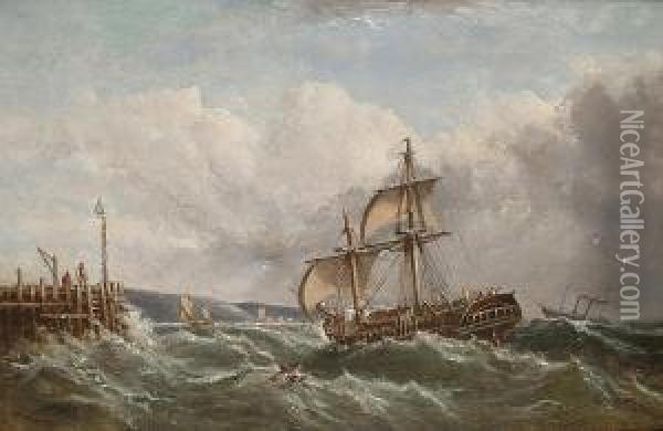 Shipping In Choppy Seas Off The Coast Oil Painting - Ebenezer Colls