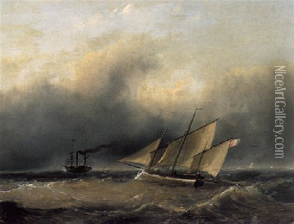 Ships On A Choppy Sea Oil Painting - Andreas Schelfhout