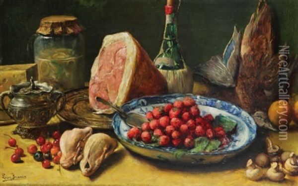 Nature Morte Aux Fraises, Jambon, Volaille, Legumes Et Fruits Oil Painting - Leon de Meutter Brunin