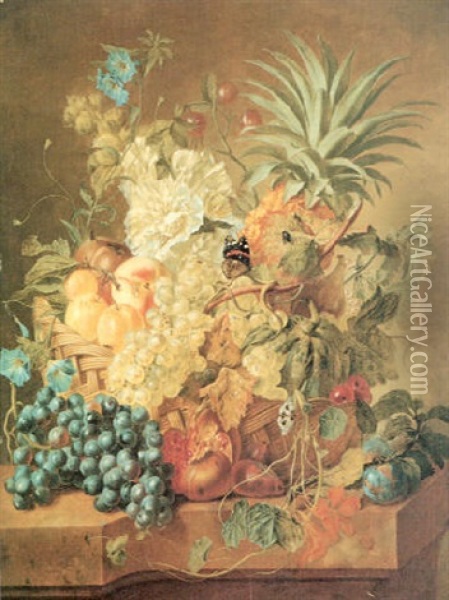Plums, A Peach, Grapes, A Melon, A Pineapple, A Fig,        Currants, Cherries And Flowers In A Basket, And Grapes Oil Painting - Jan Van Huysum