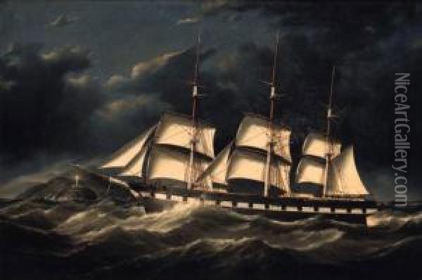 The Emily St. Pierre Approaching The Port Lynas Lighthouse Underreduced Sail Oil Painting - Duncan Mcfarlane