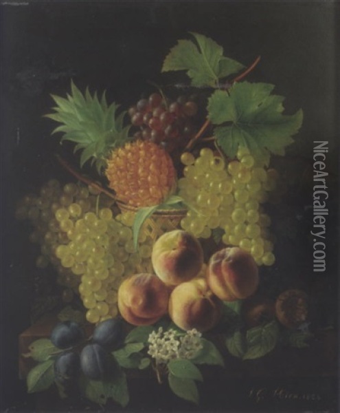 Corbeille De Vannerie Avec Fruits: Ananas, Peches, Prunes Et Grenades Sur Un Entablement Oil Painting - Jean Georges Hirn