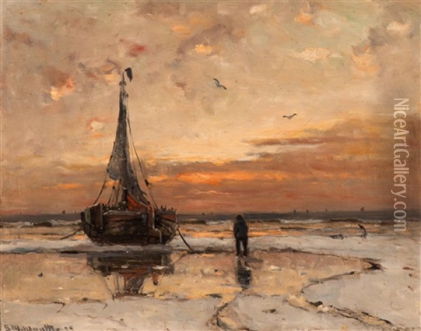 Anchored Barge At Dusk Oil Painting - Gerhard Arij Ludwig Morgenstjerne Munthe