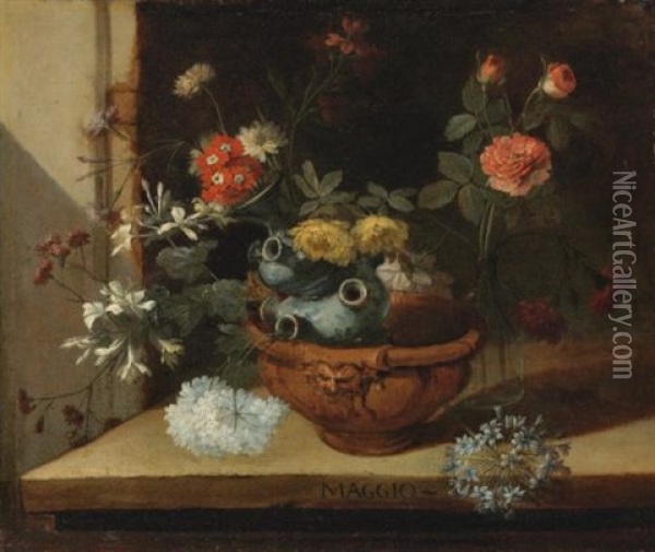 Still Life With Various Flowers And A Ceramic Vase Balanced In A Clay Pot Resting On A Stone Ledge Oil Painting - Niccolino Van Houbraken