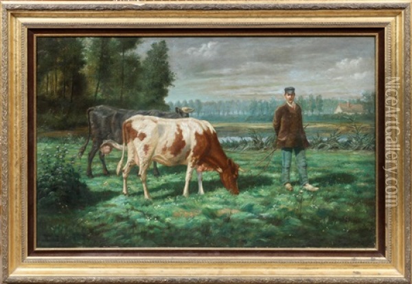 Normandy Landscape With Cows & Man Oil Painting - Henri De Beul