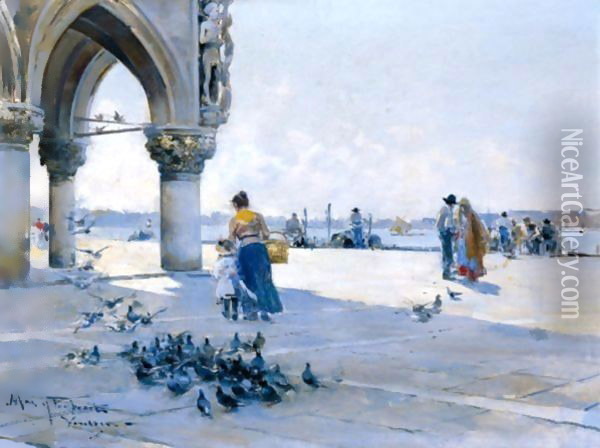 Feeding The Pigeons, Venice Oil Painting - Arcadio Mas Y Fondevila
