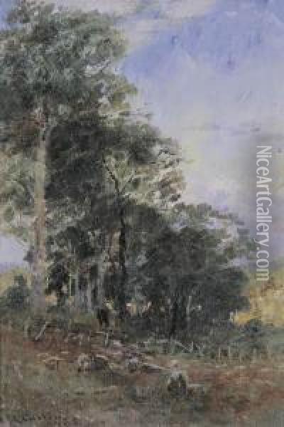 Sheep Grazing Near A Wooded Landscape Oil Painting - Frederick McCubbin