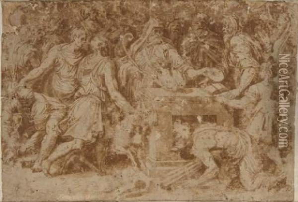 Scene De Sacrifice Oil Painting - Perino del Vaga (Pietro Bonaccors)