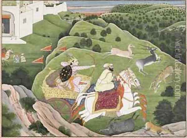 Prince Hunting Antelope and Boar from Guler Punjab Hills 1810 Oil Painting - Nainsukh Family
