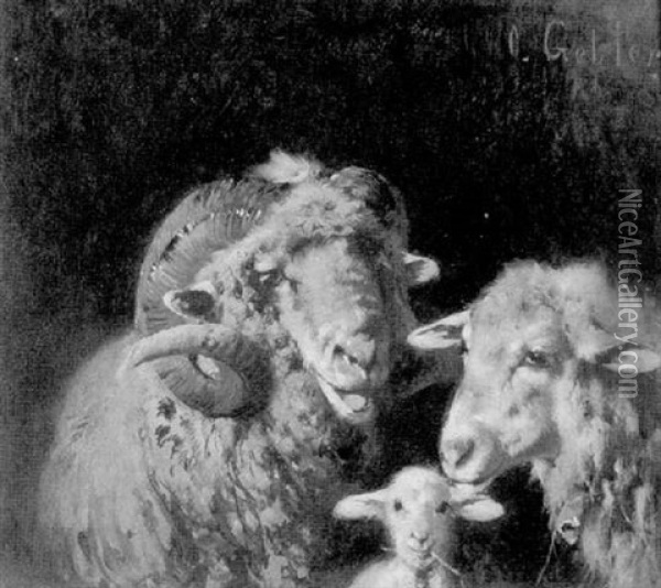 Ram, Ewe And Lamb Oil Painting - Otto Friedrich Gebler