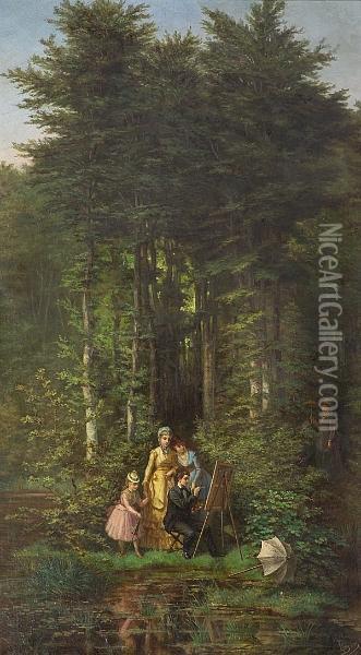The Artist With His Admirers In A Forest Glade Oil Painting - Edgard Baes