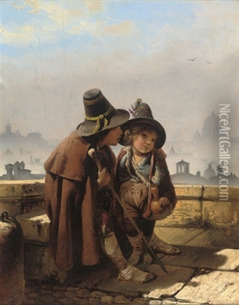 Two Street Urchins On A Rooftop With A Panorama Of Rome Beyond Oil Painting - Timoleon Carl von Nehf