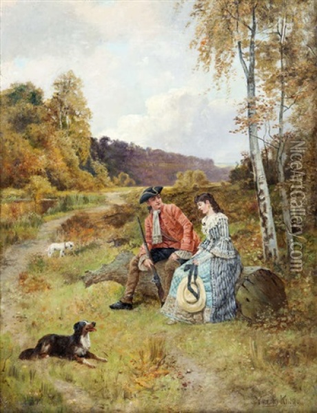 A Huntsman And Lady In A Landscape Oil Painting - Henry John Yeend King
