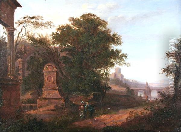 Travellers In An Italianate Landscape Oil Painting - Joseph van Bredael