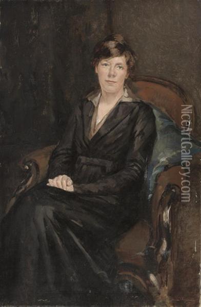 Portrait Of A Lady, Seated Half-length, In A Black Dress And Whiteshirt Oil Painting - Andre Cluysenaar
