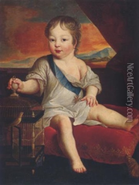 Portrait Eines Kindes Mit Vogelkafig Auf Einem Roten Kissen Sitzend Oil Painting - Pierre Mignard the Elder