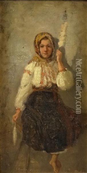 Tartar Woman Spinning Oil Painting - Sava Hentia