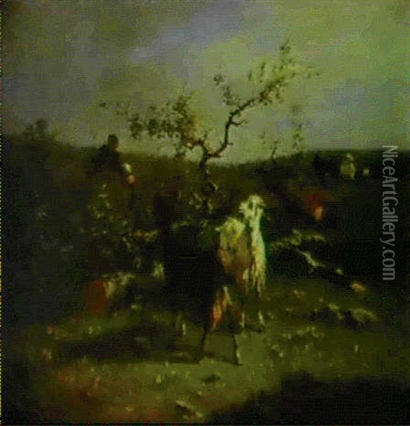 A Herd Of Goats By A Tree Trunk Oil Painting - Giuseppe Palizzi