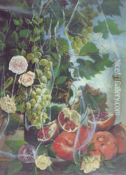 Bodegon Con Granadas, Uvas Y Rosas Oil Painting - Miguel Parra Y Soler
