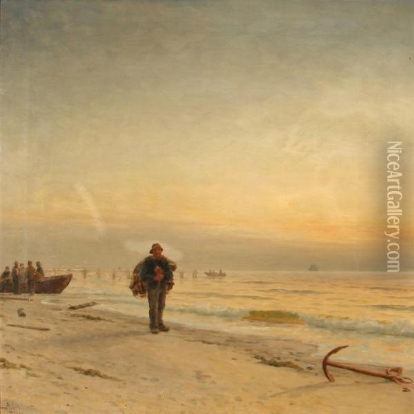 Fishermen On Skagen Beach, Denmark Oil Painting - Holger Peter Svane Lubbers