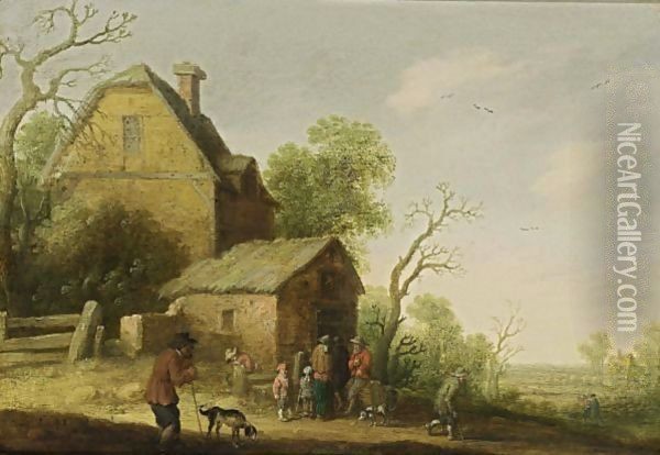 A Wooded Landscape With Figures And Dogs Sitting Outside A Tavern Oil Painting - Joost Cornelisz. Droochsloot