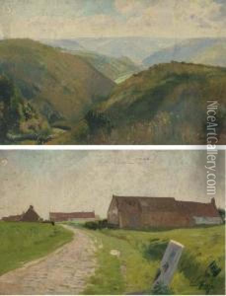 Landscape With A Roadway And Farm Buildings; And A Mountainlandscape Oil Painting - Leon Henri Marie Frederic
