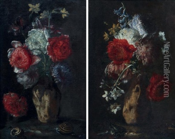 Bouquets De Fleurs Dans Un Vase (pair) Oil Painting - Mario Nuzzi