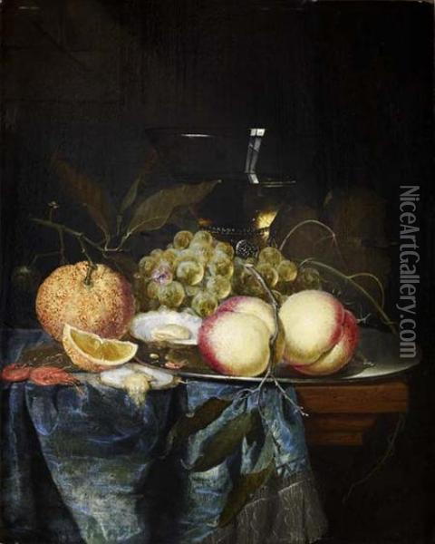 A Still Life Of Assorted Fruit, Oysters And A Wine Glass On A Ledge Oil Painting - Pieter de Ring