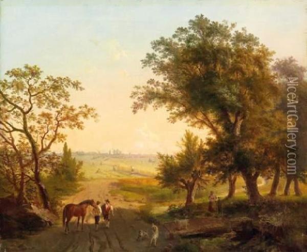 Forest Road With Windmills Oil Painting - Hermann Wilhelm Cellarius