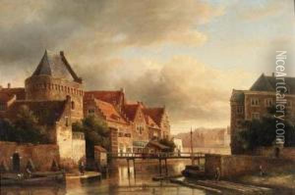 A View In A Town With Figures Along A River Oil Painting - Kasparus Karsen